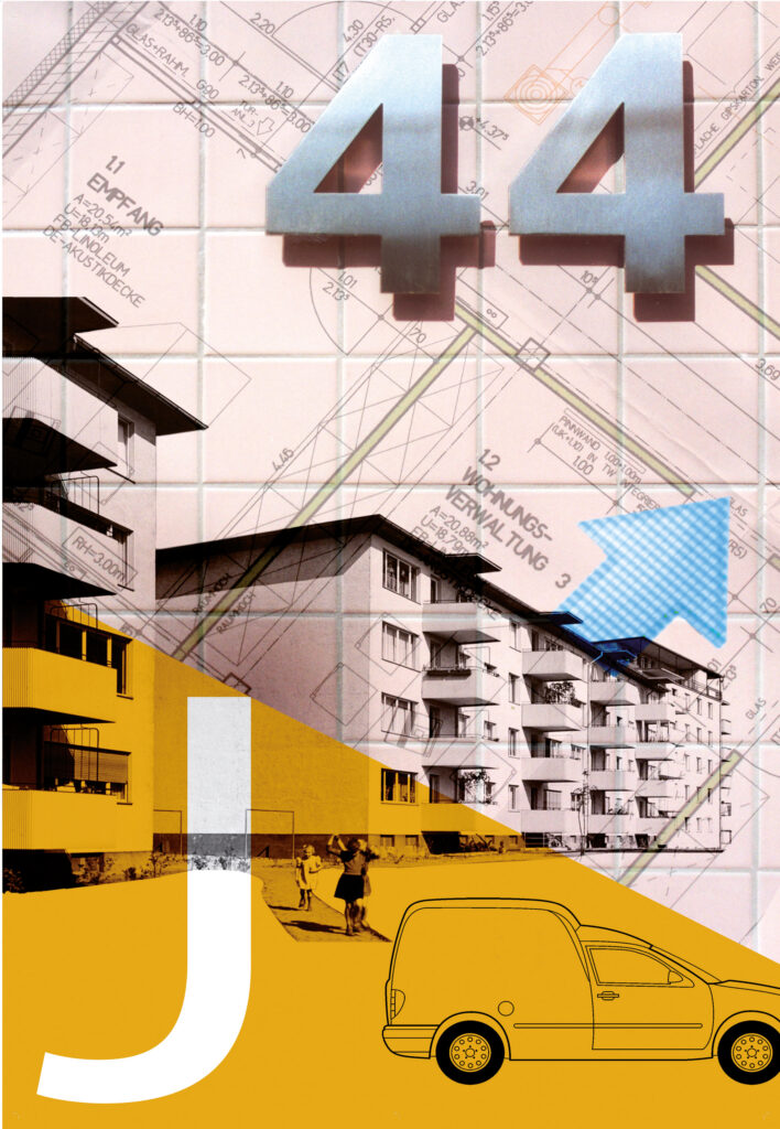 Collage aus Architekturplänen, Wohngebäuden, einer großen Hausnummer 44, einem blauen Pfeil, einem gelben Hintergrundbereich mit einer gezeichneten Transporter-Silhouette und dem Buchstaben J.