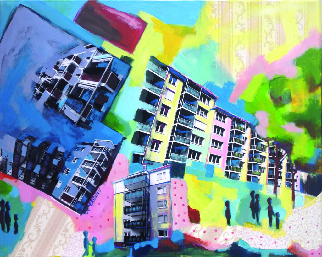 Farbintensives, dynamisches Wandbild für ein Wohnungsbauunternehmen