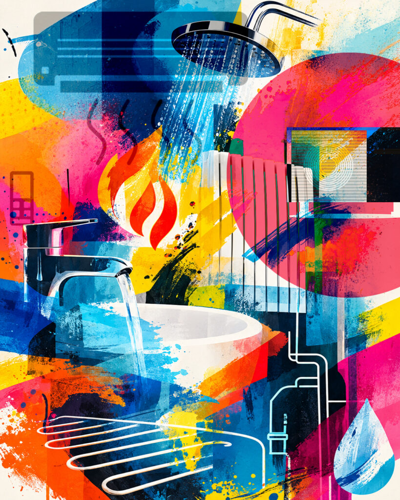 Eine bunte Collage mit illustrativen Elementen der Heizungs- und Sanitärtechnik