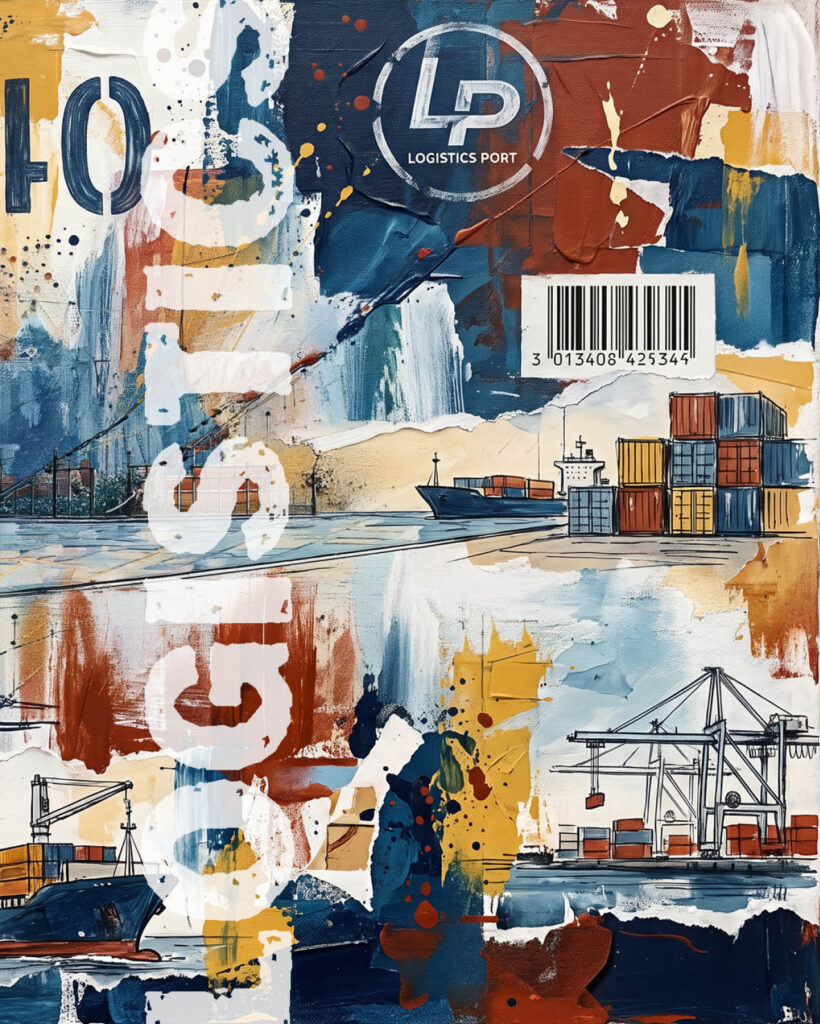 moderne Collage, die einen Umschlagplatz des Logistikunternehmens zum Inhalt hat