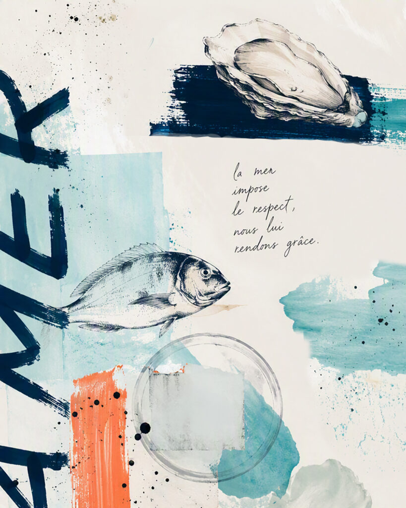 Collage aus feinen Zeichnungen und Aquarelltechnikelementen in dezenten Farben für das Restaurant der gehobenen Küche